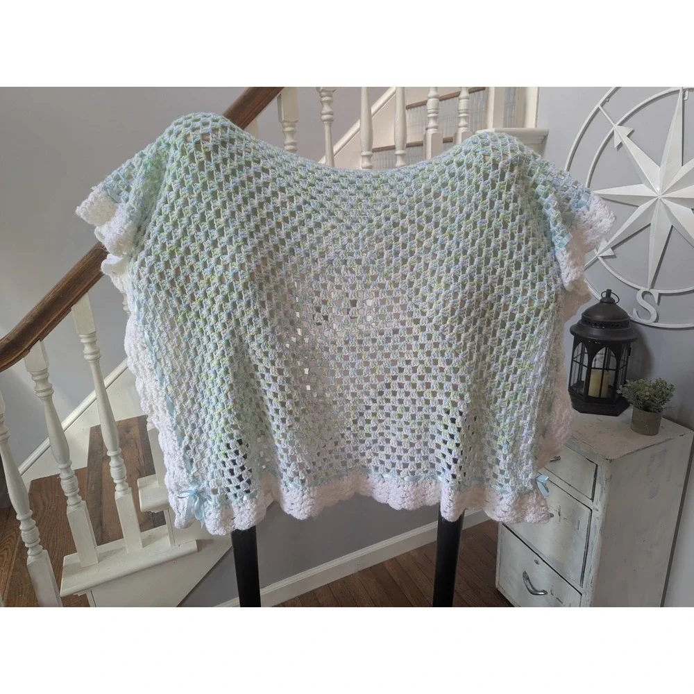 Crochet Knit Baby Blanket Blue Green‎ White Handmade Stroller Blanket Gift